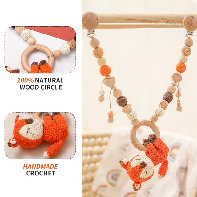 Baby Bed Hanging Rattle Toy Wooden Fox Bird Elephant Shape  Teether Crochet Beads Pram Mobile Clip Pacifier Chain Chewable Toys 2