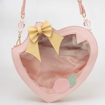 

pink Harajuku Japanese Lolita Cute Bowknot Juicy Peach heart-shaped Transparent Itabag Handbag Messenger Bag Clear Shoulder Bag