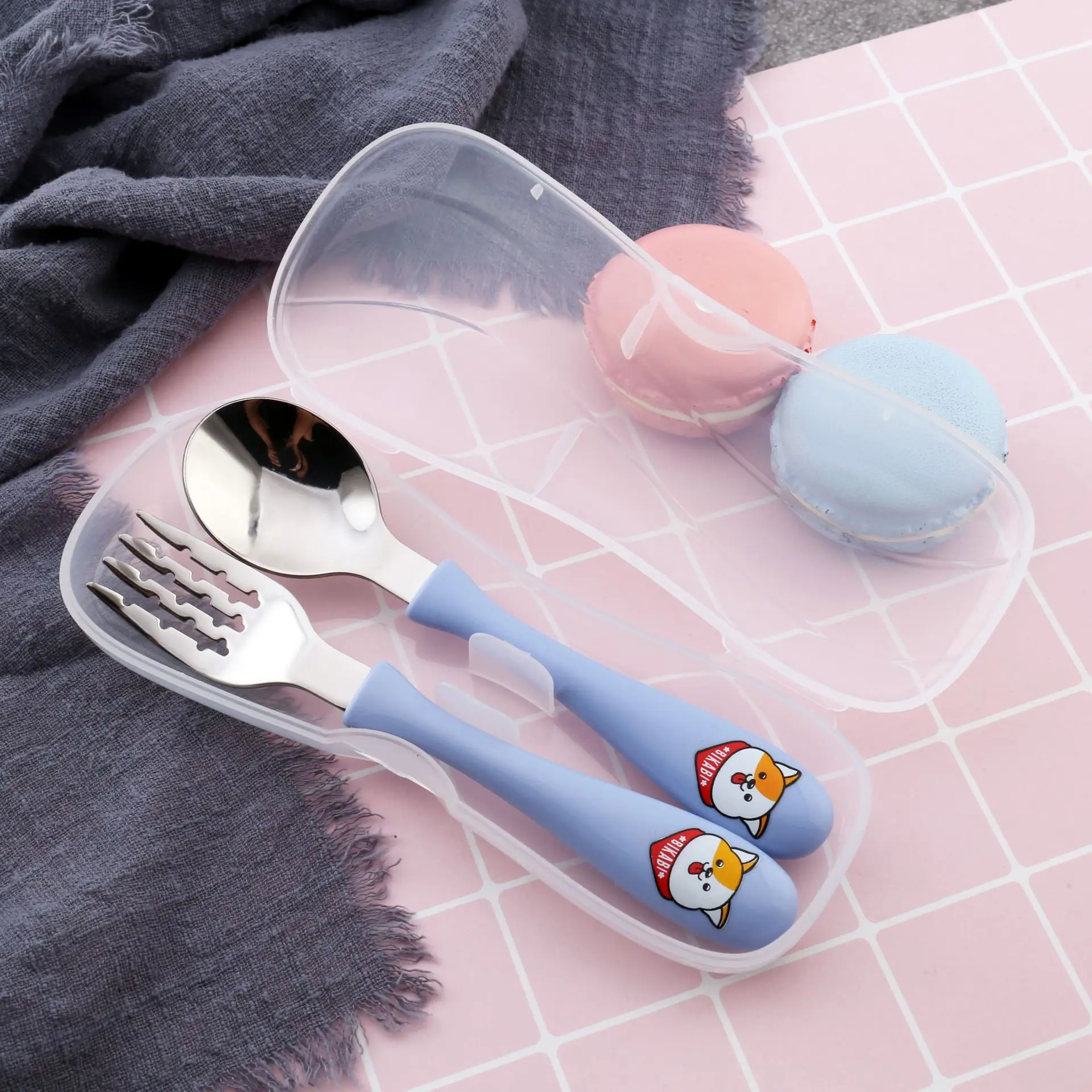 

Z 304 Stainless Steel Children Spoon Fork yuan shao Fork cartoon shao Fork Set Four Colors Plastic Box Gift