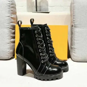 

Platform Boots for Women Wedge Black Patent Leather Ankle Boots Lace-up Side Zipper High Sqare Heels Classic Style Shoes Women