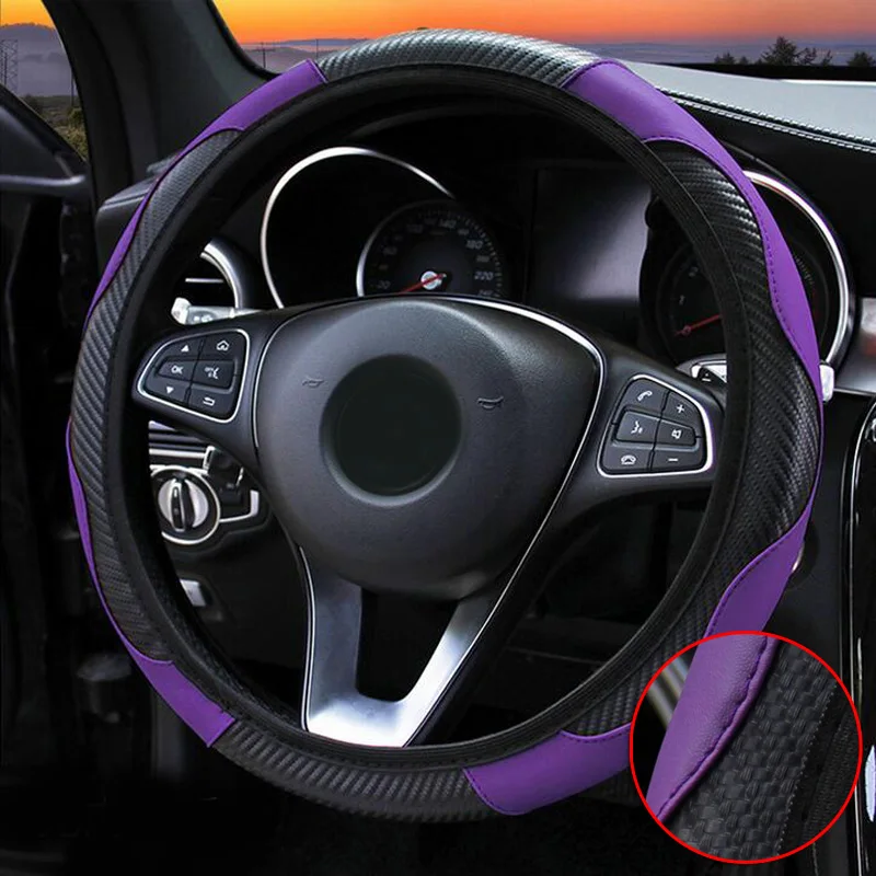 Кожаный чехол рулевого колеса автомобиля из углеродного волокна для рулевого колеса диаметром 37-38 см украшение салона автомобиля Черный Фиолетовый