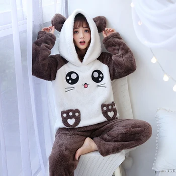 

Hooded bear pajamas for Women Autumn Winter Flannel Pajama Sets lady Sleepwear Coral Plush Thickened Warm Pyjamas Home Clothing