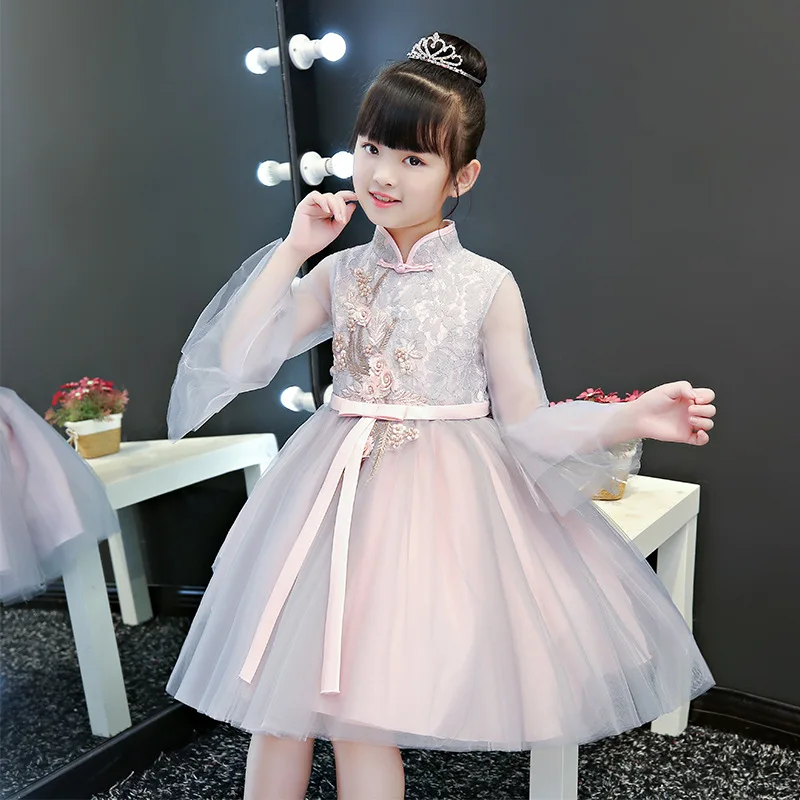 

Glitz Little Girl Wedding Dress Kids First Holy Communion Flare Sleeves Appliques Princess Party Prom Outfits Flower Girls Dress