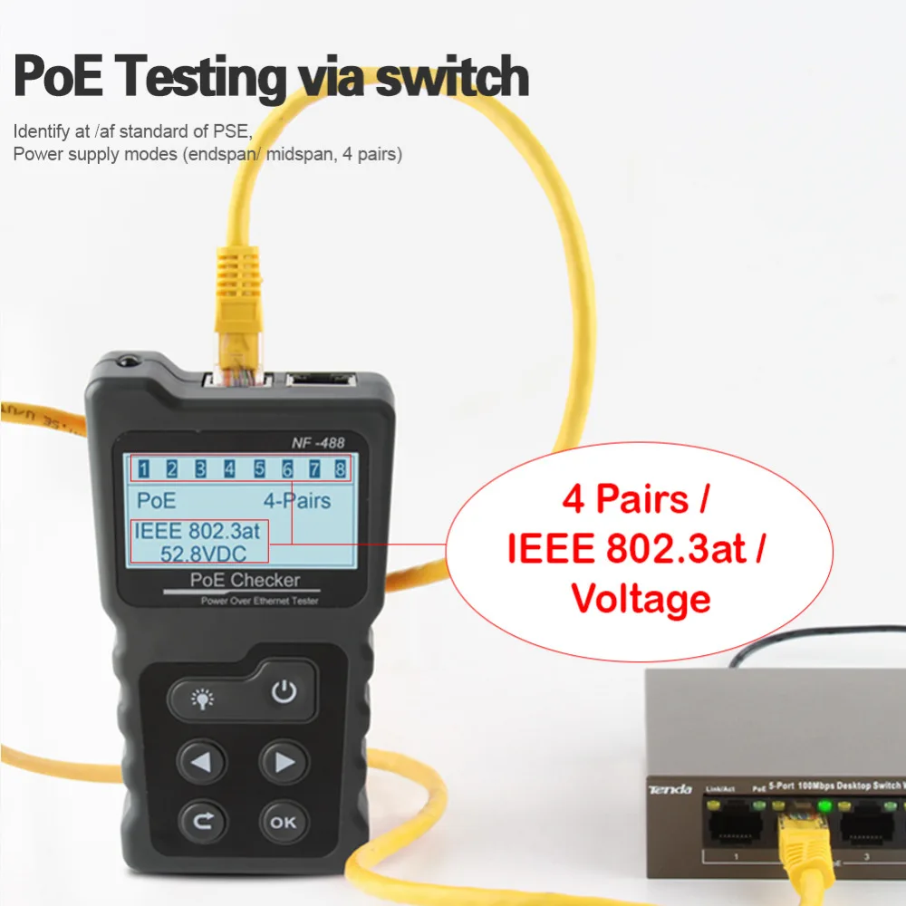 LCD Network Cable Tester Lan Test PoE Checker NF-488 Inline PoE Voltage Current