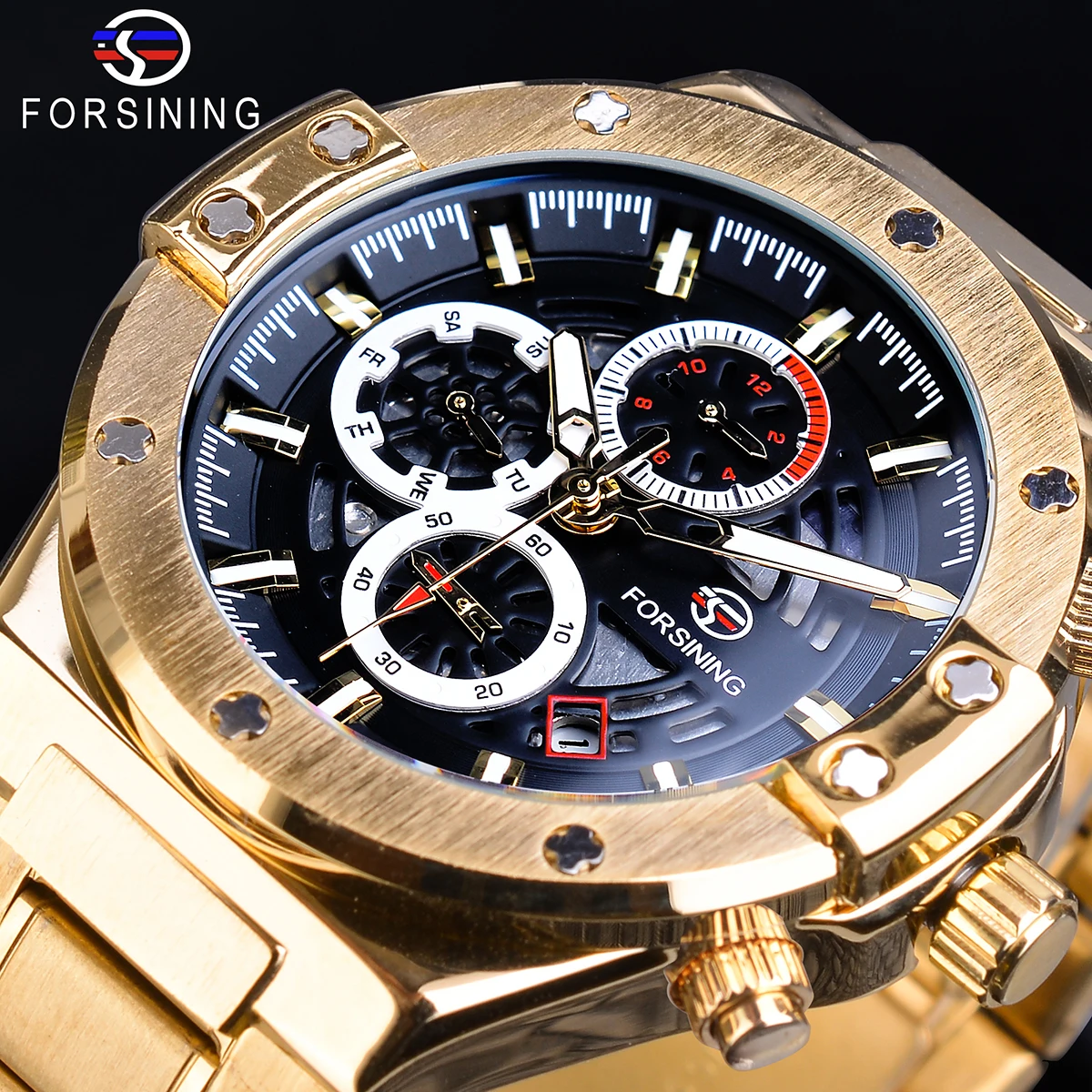 

Forsining Golden Men's Mechanical Watch Racing Car Design Automatic 3 Sub Dial Date Steel Belts Military Sports Wristwatch Clock