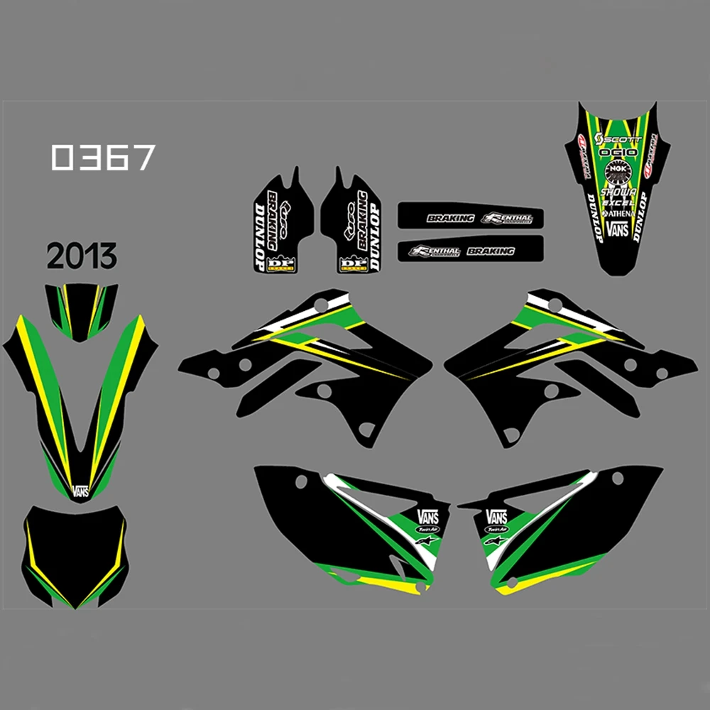 Для KAWASAKI KXF450 2013 Графика наклейки на заказ Номер Наименование лента 3M Полный мотоцикл Фоновые наклейки аксессуары