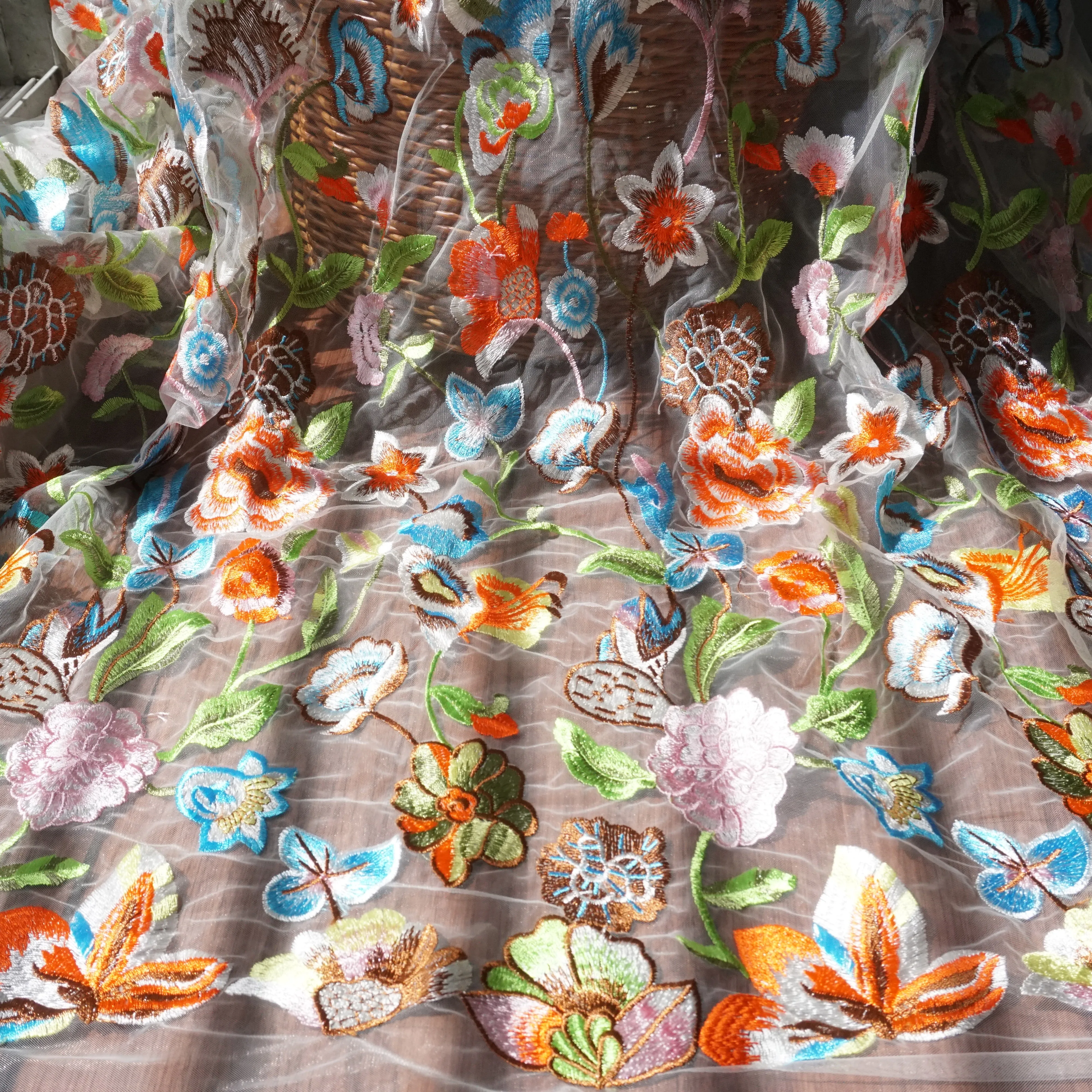 

Heavy embroidered allover flowers+butterflies multi coloured tulle mesh lace fabric! Women dresses lace fabric gorgeous!