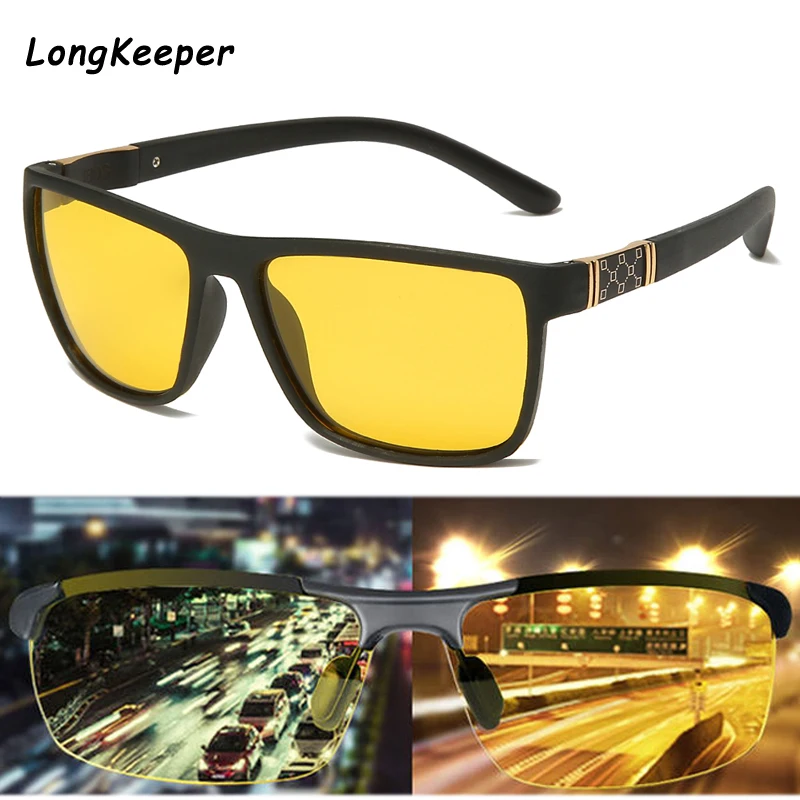 

LongKeeper Brand Night Vision Polarized Sunglasses Square Men Drivers Goggles Anti-Glare Yellow Lens Male Driving Sun Glasses