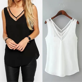 

Womens V-Neck Vest Loose Sleeveless T-Shirt Tops Blouse Lace