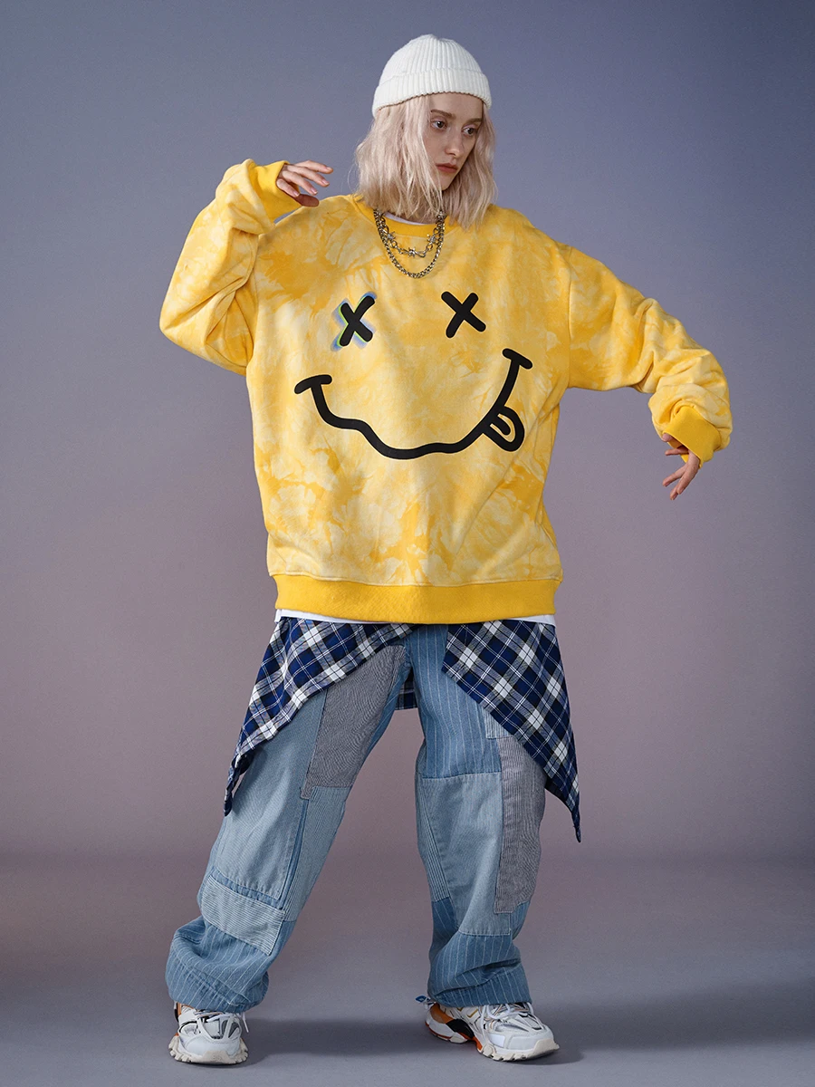 UNCLEDONJM Smile Face Sweatshirts Men/Women Hip Hop O-neck Pullovers Street Wear Winter Hoody Loose Autumn Coat DV9267 | Женская одежда