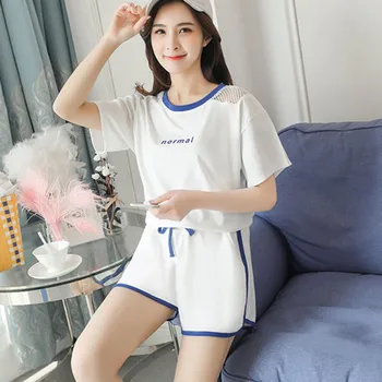 

Summer Women Set Loose High-Waist Letter O-Neck Solid Color Print Short Sleeve T-Shirt+Shorts 2Pcs Sports Set