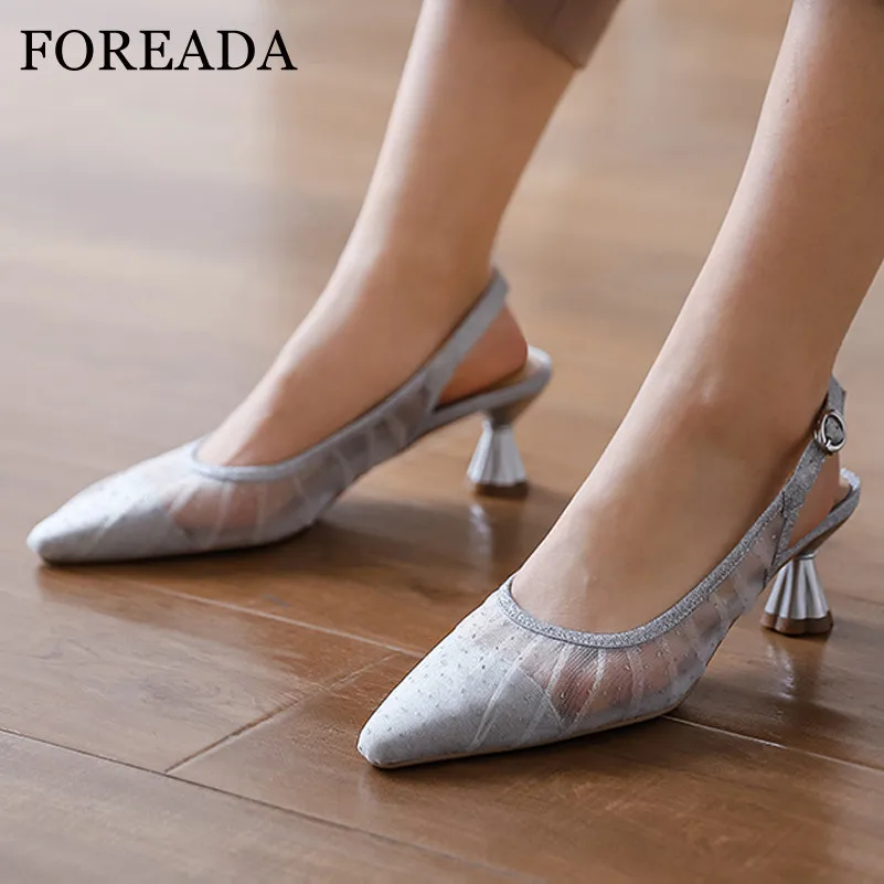 

FOREADA Woman Pumps Pointed Toe Slingbacks Shoes Crystal High Heels Buckle Strap Strange Style Heel Shoes Ladies Footwear 33-43