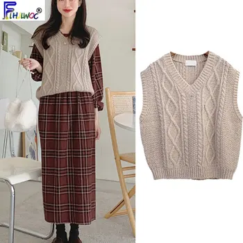 

Winter Spring Basic Wear Tops Knitted Sweater Women Pullovers Sleeveless Vest Design Brown Knitting Vest Korea Style 11020