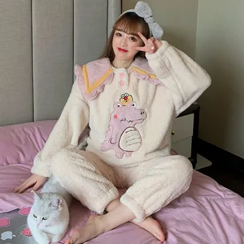 

Pajama Woman Winter Loose Cute Little Dinosaur Doll Collar Warm Coral Velvet Pajamas Casual Home Service Two-piece Suit Women