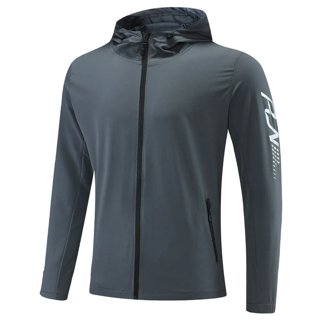 Men Fitness Jackets Quick Dry Zipper Hooded Workout Coats 2021 New Male Gym Sportswear Top Running Hoodies Grey