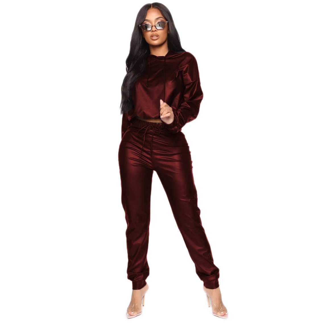 

Two Piece Set for Women's Outfits Streetwear Sports Leisure PU Faux Leather 2 Piece Sets Womens Clothing Loose Pants and Tops
