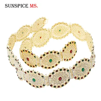 

Sunspicems Gold Color Algerian Caftan Belt for Women Full Crystal Metal Link Chain Adjustable Length Moroccan Belt Wedding Gift