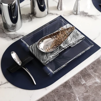 

Modern Drop Shape Stainless Steel Bowl Fruit Salad Noodle Bowl Transparent Square Crystal Tray Craft Decorative Desktop Ornament