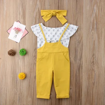 

Pudcoco Toddler Baby Girl Clothes Flower Print Off Shoulder Tops Strap Overalls Pants Headband 3Pcs Outfits Cotton Clothes Set