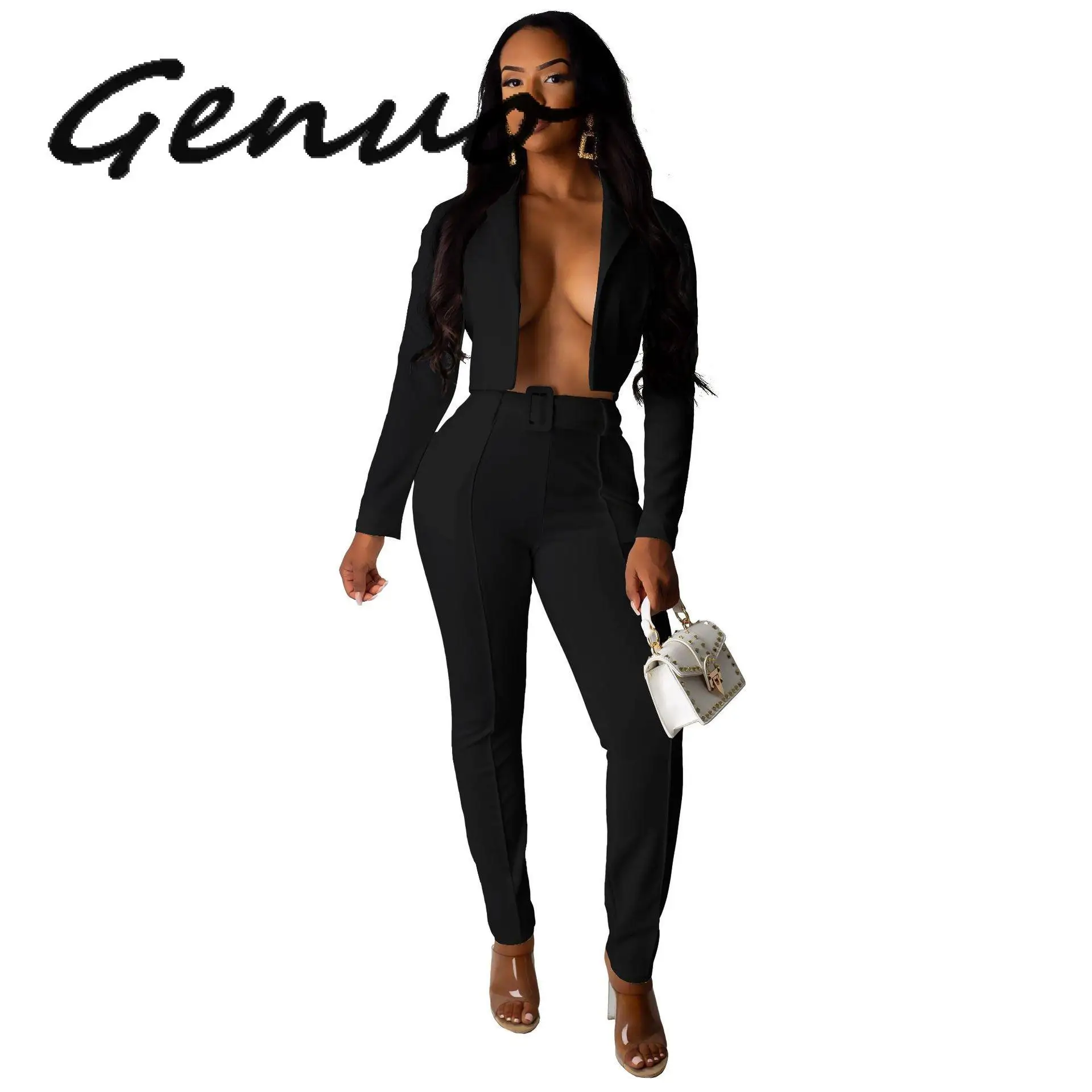 

OL Pant Suits Workwear Short Blazer Jacket And Long Tight Pants 2 Two Pieces Set Women Leisure Sports Suits with Belt