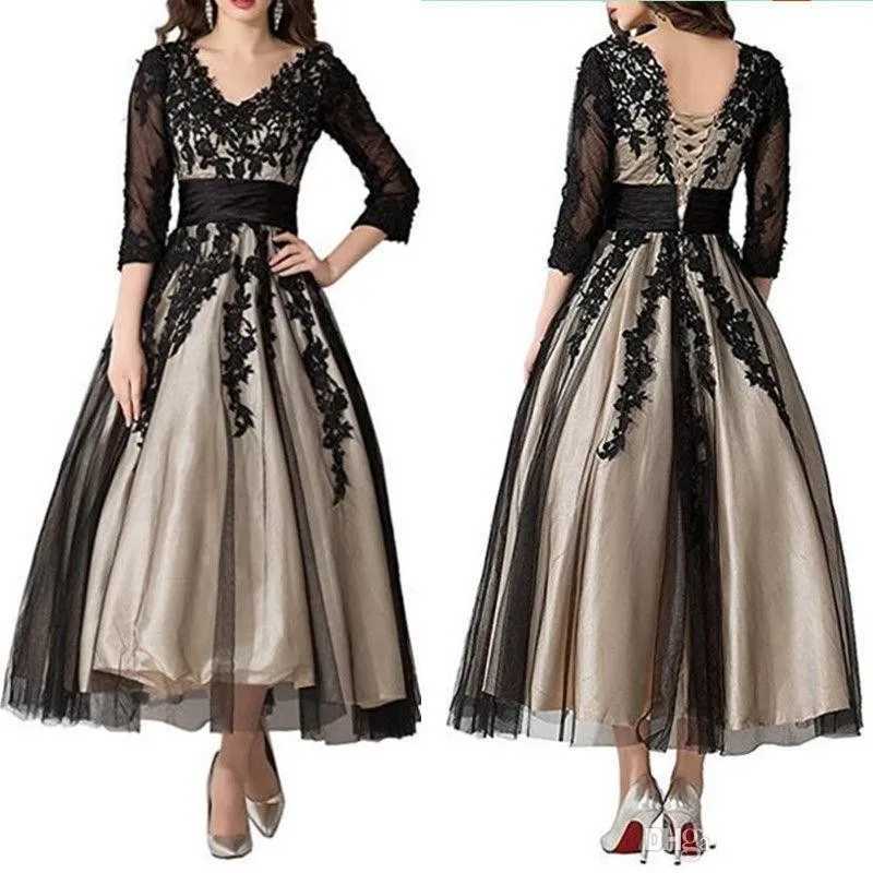 Zwart Kant Applique Moeder Van De Bruid Jurk Enkellange V-hals Champagne Voering 3/4 Lange Mouwen Bruiloft Gast Jurk Zwart Kant Applique Moeder Van De Bruid Jurk Enkellange V-hals Champagne Voering 3/4 Lange Mouwen Bruiloft Gast Jurk