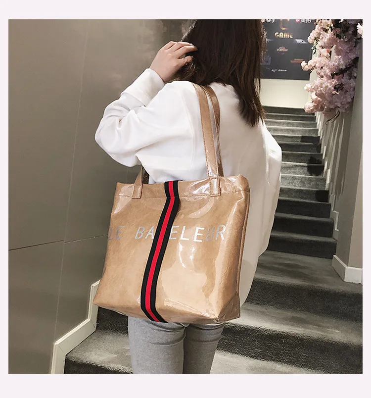 JIULIN transparent Kraft paper solid color tote bag large capacity leisure hand-held bright face portable bag tide