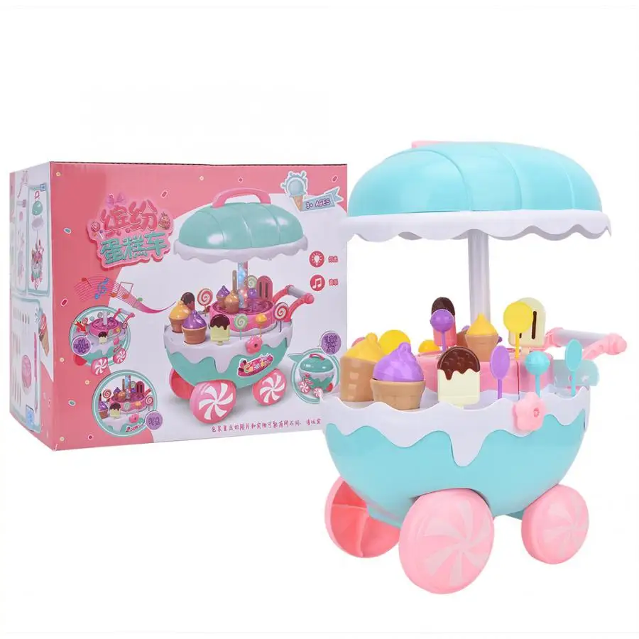 DIY Ice Cream Trolley Pretend Kitchen Play Toy with Light Music for Kids Learning Skills Interest Development Sets Gift