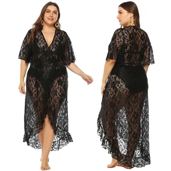 

Swimsuit Cover Up Beach Tunics Summer Dress Women's Clothing For The Plus Size Sexy Lace Cardigan With Falbala Neck Short Long