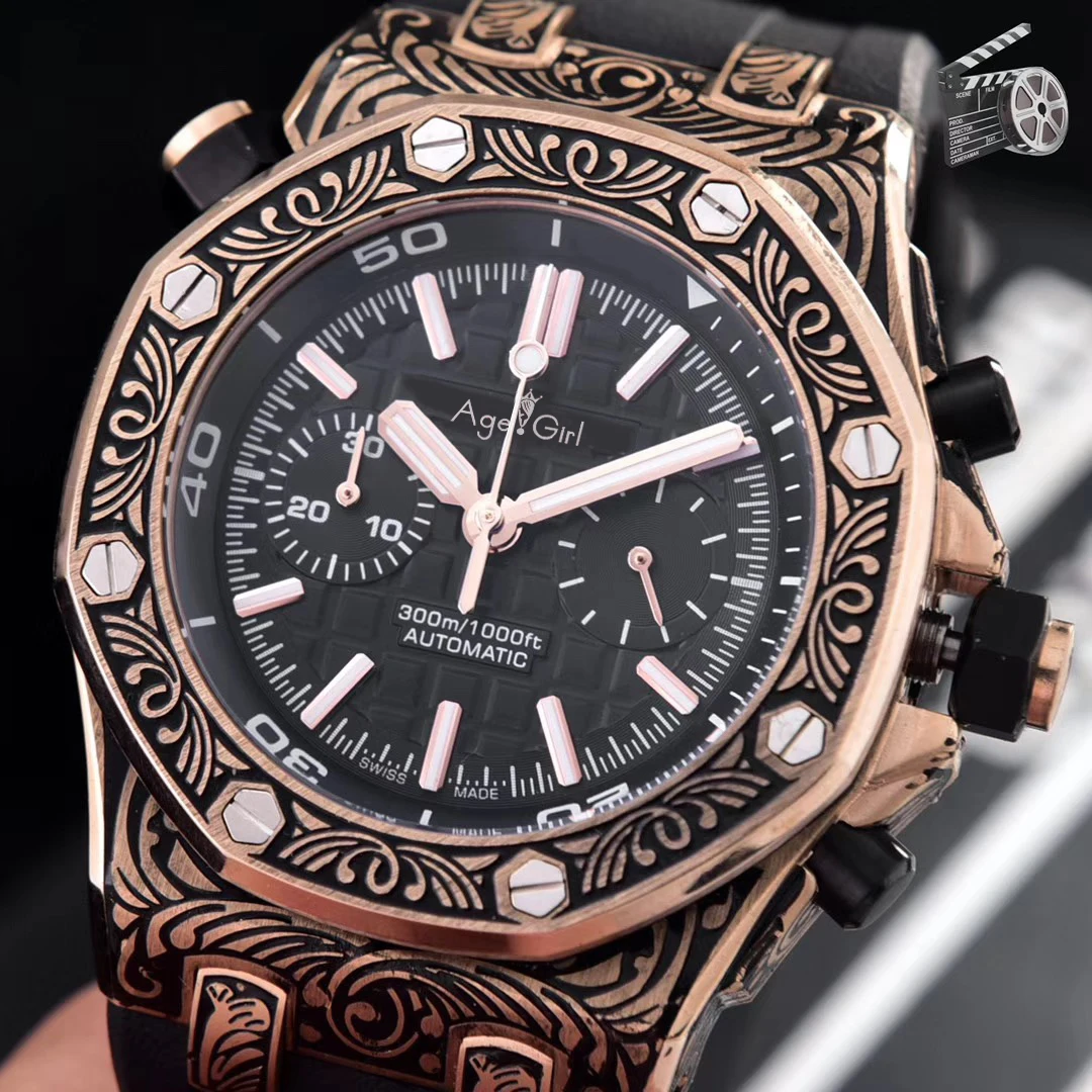 

Luxury Brand New Chronograph Men Stopwatch Sapphire Silver Black Rose Gold Sculpture Case Stainless Steel Rubber Sport Watch AAA