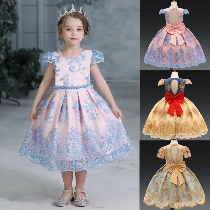 Princess Party Dress Toddler Kids Baby Girl Dresses Round Neck Short Sleeve Lace Bow Flower Tutu Lace Birthday Ball Gown Dress