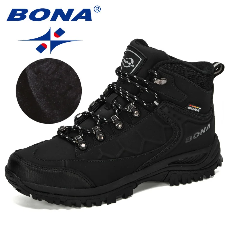 BONA New Leather Hiking Shoes Men Autumn Winter Climbing Boots High Top Trekking Hunting Shoe Trainers Black Waterproof Sports