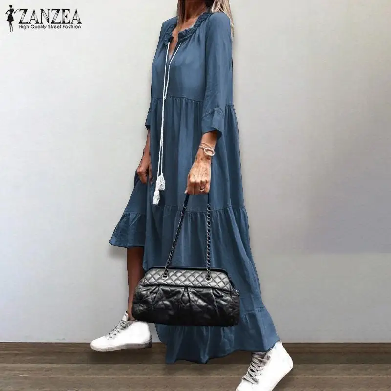 ZANZEA 2020 Casual Long Sleeve Maxi Vestidos Stylish Demin Blue Ruffle Dress Womens Autumn Sundress Female Solid Robe Oversized