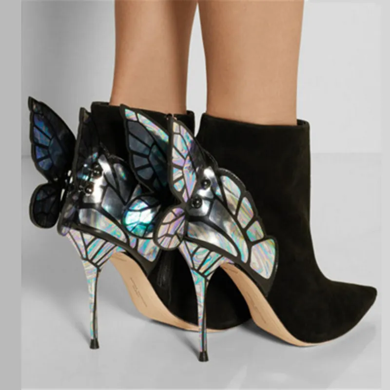 

Butterfly Wing Design Women Ankle Boots Autumn Winter Pointed Toe High Heel Boots Suede Botas Mujer Valentine Shoes