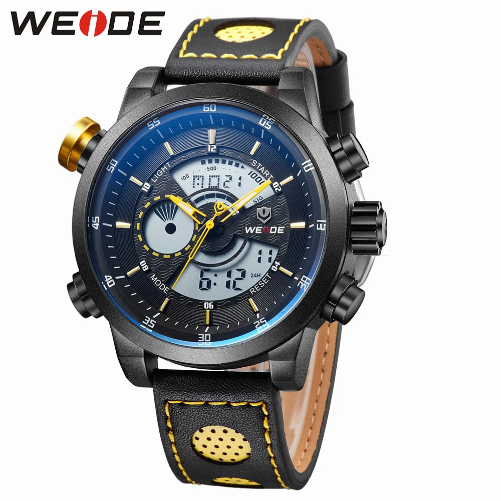 Мужские кварцевые часы WEIDE роскошные спортивные с двойным дисплеем кожаным