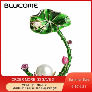 

Blucome Luxury Lotus Flower Green Leaves Frog Shape Brooches White Simulated Pearl Enamel Brooch For Women Hat Suit Accessories