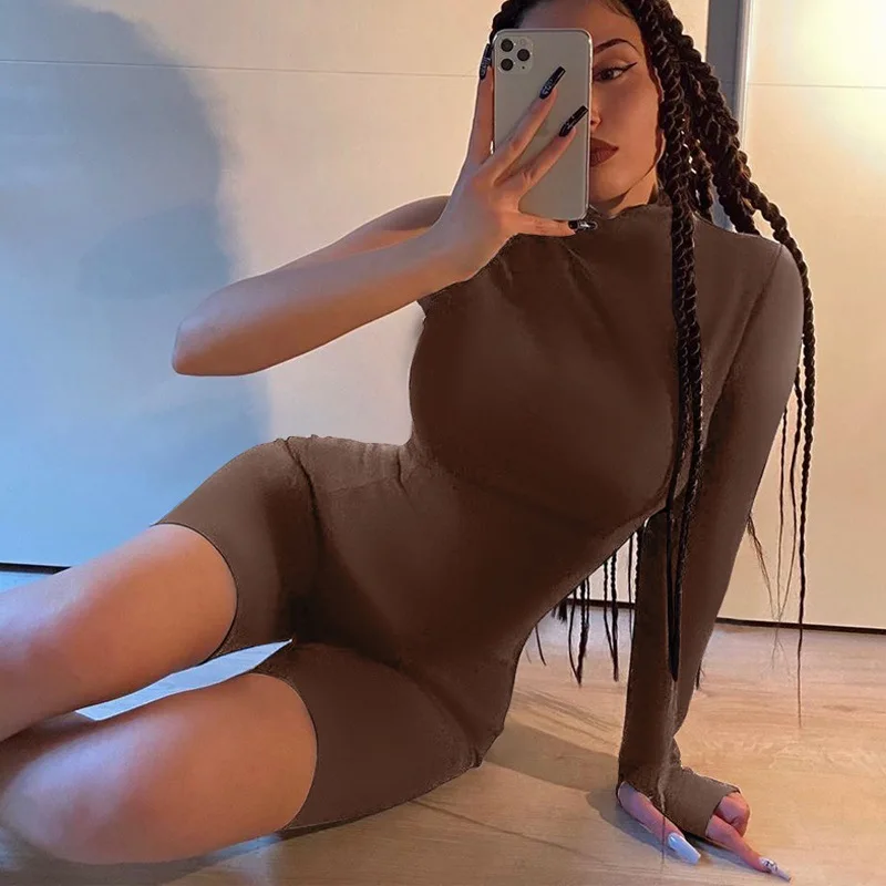 Сексуальный коричневый комбинезон 2020 на одно плечо с длинным рукавом Bodycon осень зима Женская мода уличная одежда Комбинезон Эластичный боди|Комбинезоны c шортами| | АлиЭкспресс