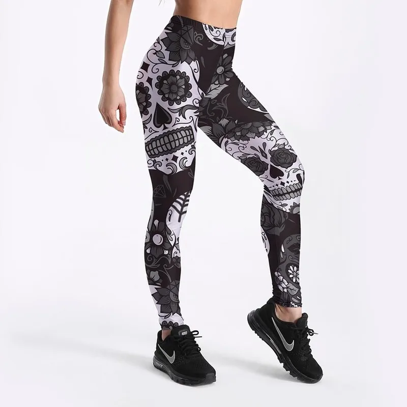 

Hot Sell Skull Leggings Women's Skull&flower Black Leggings Digital Print Trousers 7 Color Skull Woman Stretch Pants Plus Size