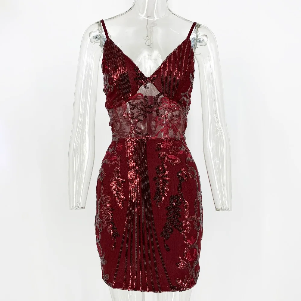 Elegant V Neck Gold Wine Red Bandage Sequin Dress