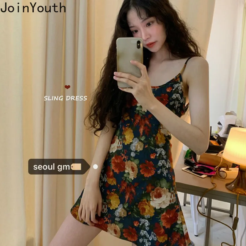 

Joinyouth Women Floral A-line Mini Dress Sweet Spaghetti Strap Dresses 2020 Spring Summer Strapless Vestidos Feminimos 59378