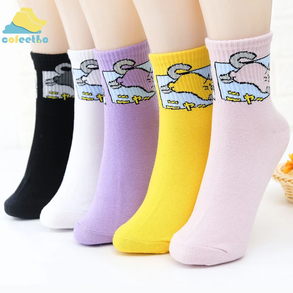 Милые Короткие Носки с рисунком кота; забавные длинные носки в стиле Харадзюку для женщин и девочек; милые хлопковые носки для девочек; женские носки; сезон осень-зима