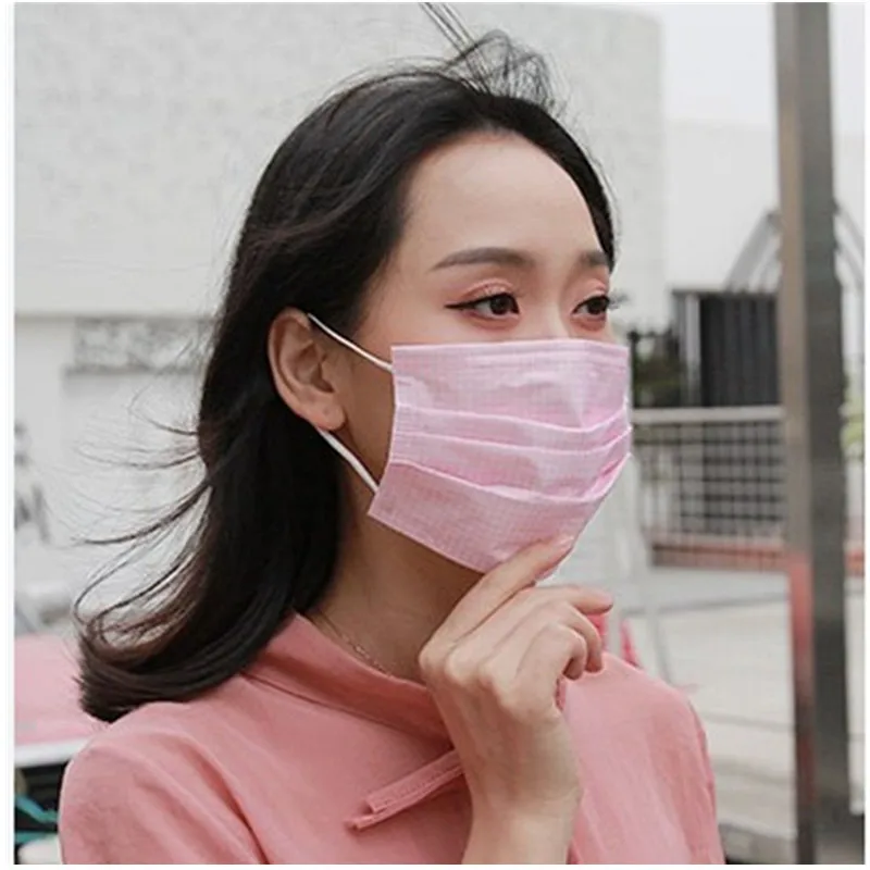 

3 Layers Of Disposable Mask Pink Grid Color Face Mask Anti-Pollution Fabric Cycling Personal Protective