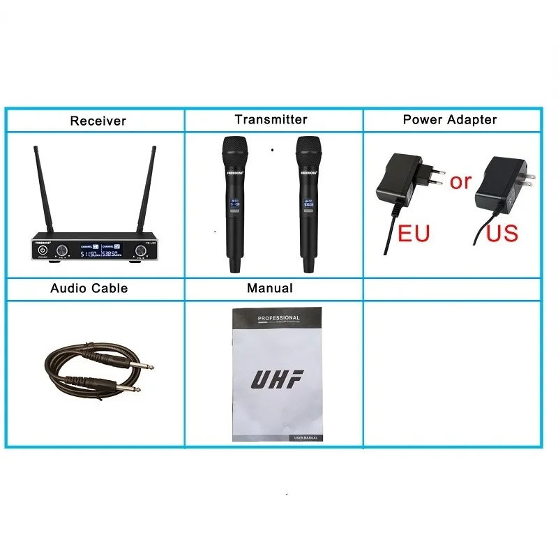 Freeboss 2 웨이 UHF 고정 주파수 전문 무선 다이나믹 마이크 가라오케 시스템 2 핸드 헬드 마이크 (수신기 포함) FB-U35