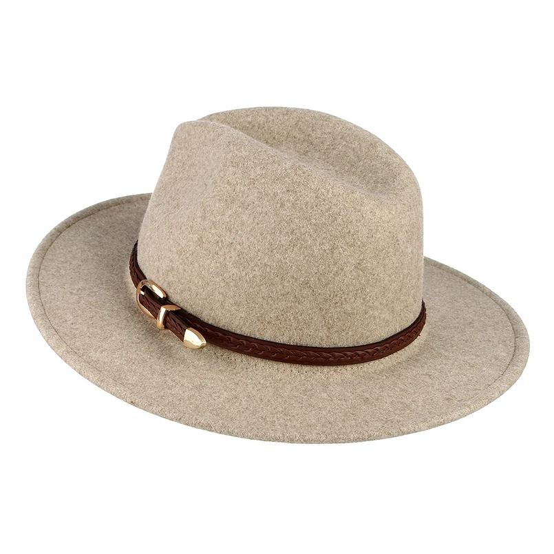 GEMVIE New Wide Brim Wool Women Fedora With Buckle Leather Band Felt Hat New Warm Autumn Winter Panama Jazz Cap