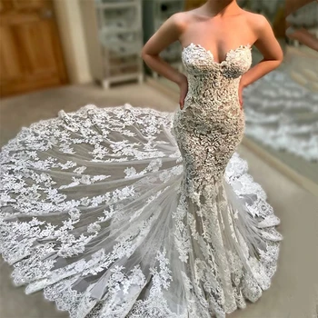 

New Arrival Strapless Floral Lace Backless Tiered Chapel Train Mermaid Crepe kleid Bridal Dress 2020