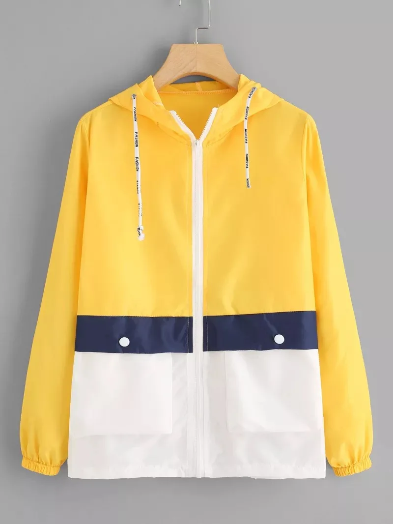 

2018 European And American-Style Summer New Style Women's Solid Color Panel Long-Sleeve Hooded Jacket 6152