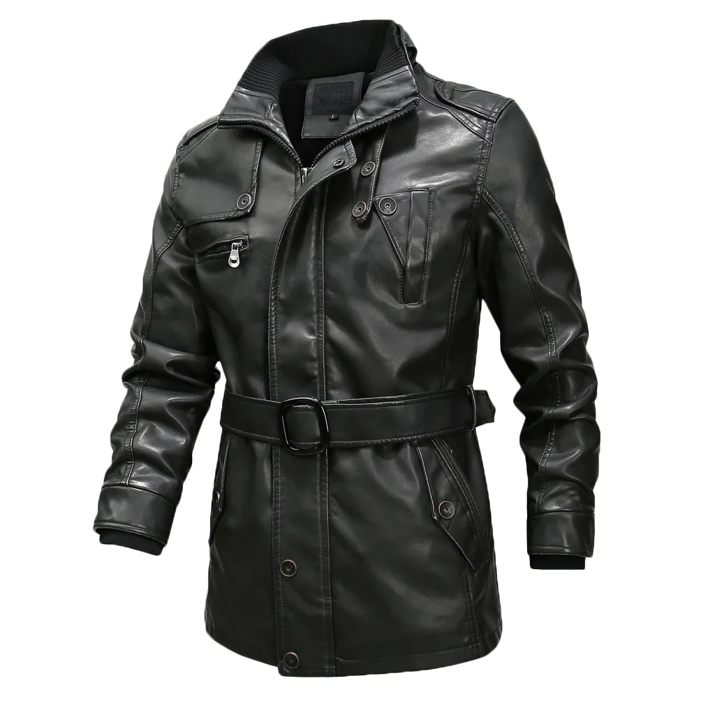 KLV мужские куртки Осенняя винтажная куртка на молнии с воротником-стойкой однотонная куртка из искусственной кожи Верхняя одежда Зимняя мода - Цвет: Black