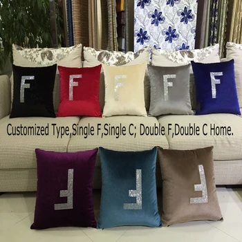 

Customized High Quality Double F Letter or Double C Home Crystal Sparkle Diamond Cushion Case Throw Branded Logo Decor Pillow