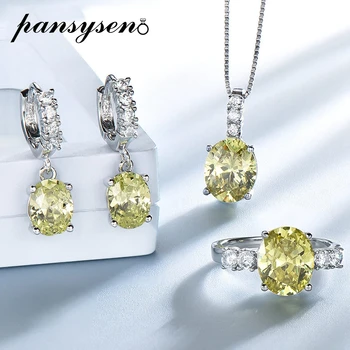 

PANSYSEN Luxury Pure 925 Sterling Silver Created Peridot Diamond Gemstone Necklace Earrings Ring Set Wholesale Fine Jewelry Sets