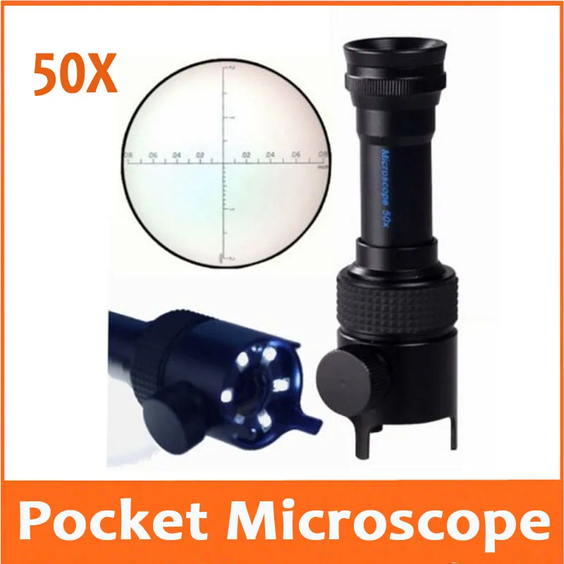 

50 Times LED Illuminated Emerald Jade Identification Magnifier Pocket Microscope Loupe with 6 Lamps and Measuring Scale 0.05mm
