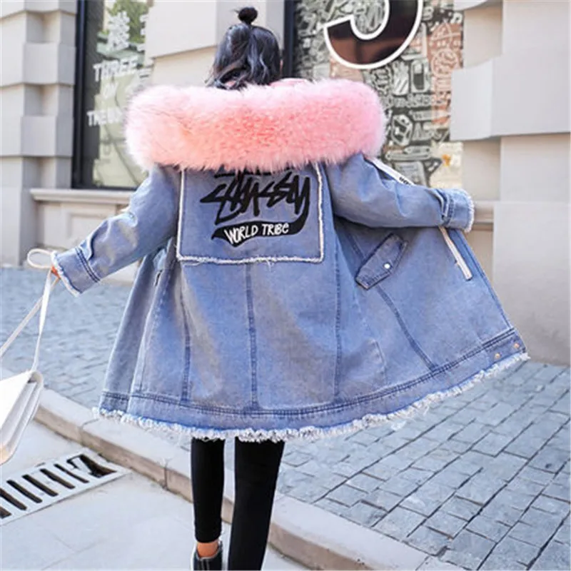 #*Cheap 2019 Winter Cotton Clothing Large Fur Collar thicken Plus fluffy liner removable Two piece Long Denim Coat Women Jacket v1128
